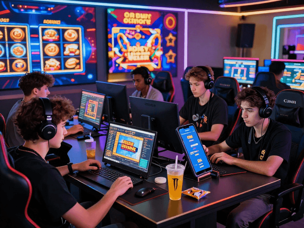 Engaged players enjoying games at Nhà cái mb66 in a colorful, vibrant online gaming environment.
